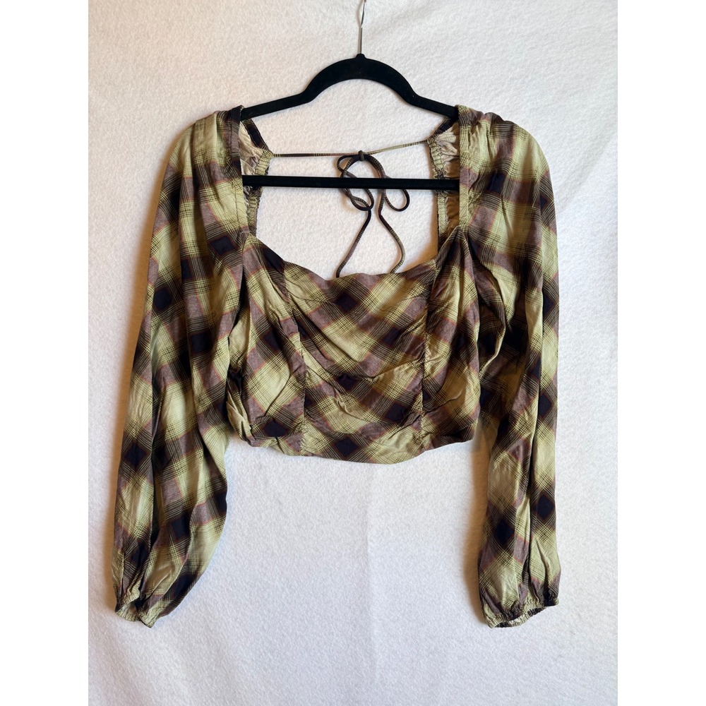 Urban Outfitters Plaid Square Neck Tie Back Cropped Long Sleeve Blouse Shirt M